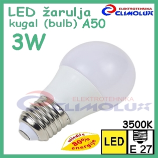 LED žarulja E27 3W , 3500K, kuglasti oblik A50 Vk